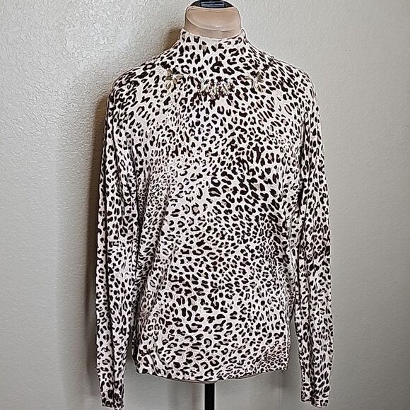 NWT Vertigo Paris XL Jewel Neckline Leopard mockneck sweater - Picture 1 of 8